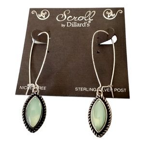 Scroll Silver Tone Green Cab Kidney Wire Earrings Sterling Silver Post